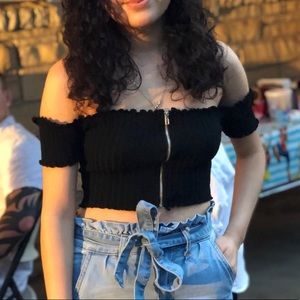 Off the shoulder black zip up top